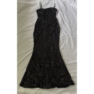 Windsor Black Sequin Lace-Up Spaghetti Strap Long Mermaid Formal Prom Gown M
